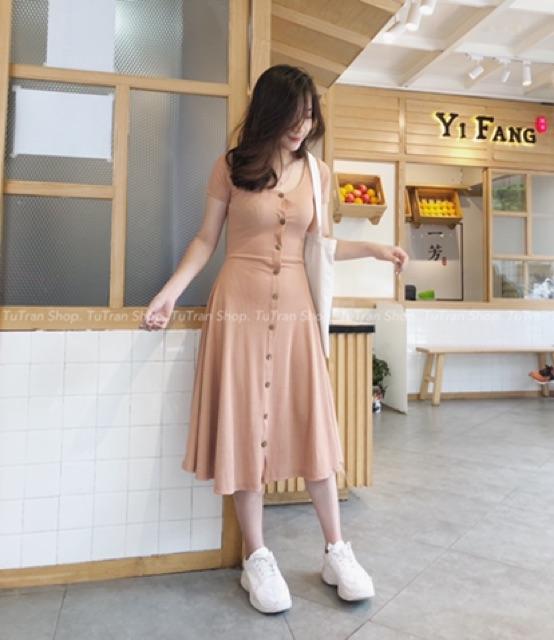 Váy cộc tay cotton tăm cúc dọc