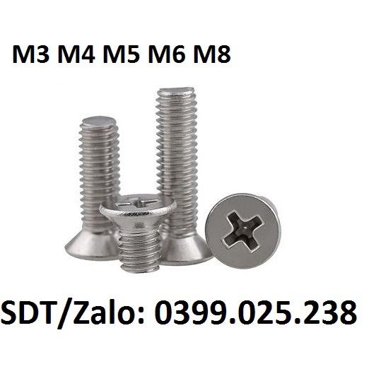Combo 10 con Vít pake đầu bằng, 4 cạnh M3 M4 M5 M6 M8 Inox bu lông