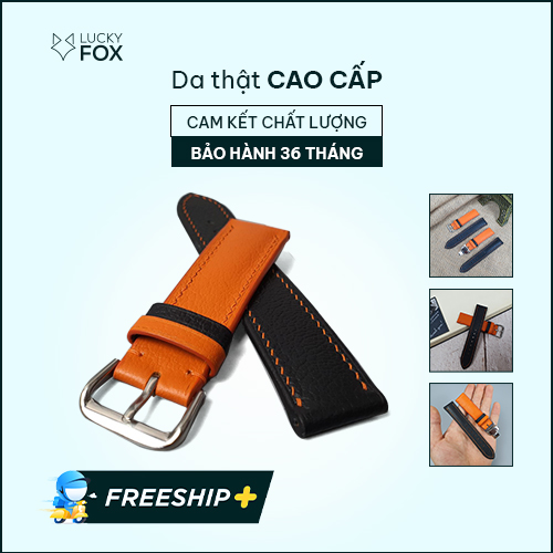 [Da thật] Dây đồng hồ da bò thật phối màu Đen mix cam AL112 (Size 20/ Size 22) - 100% da bò thật