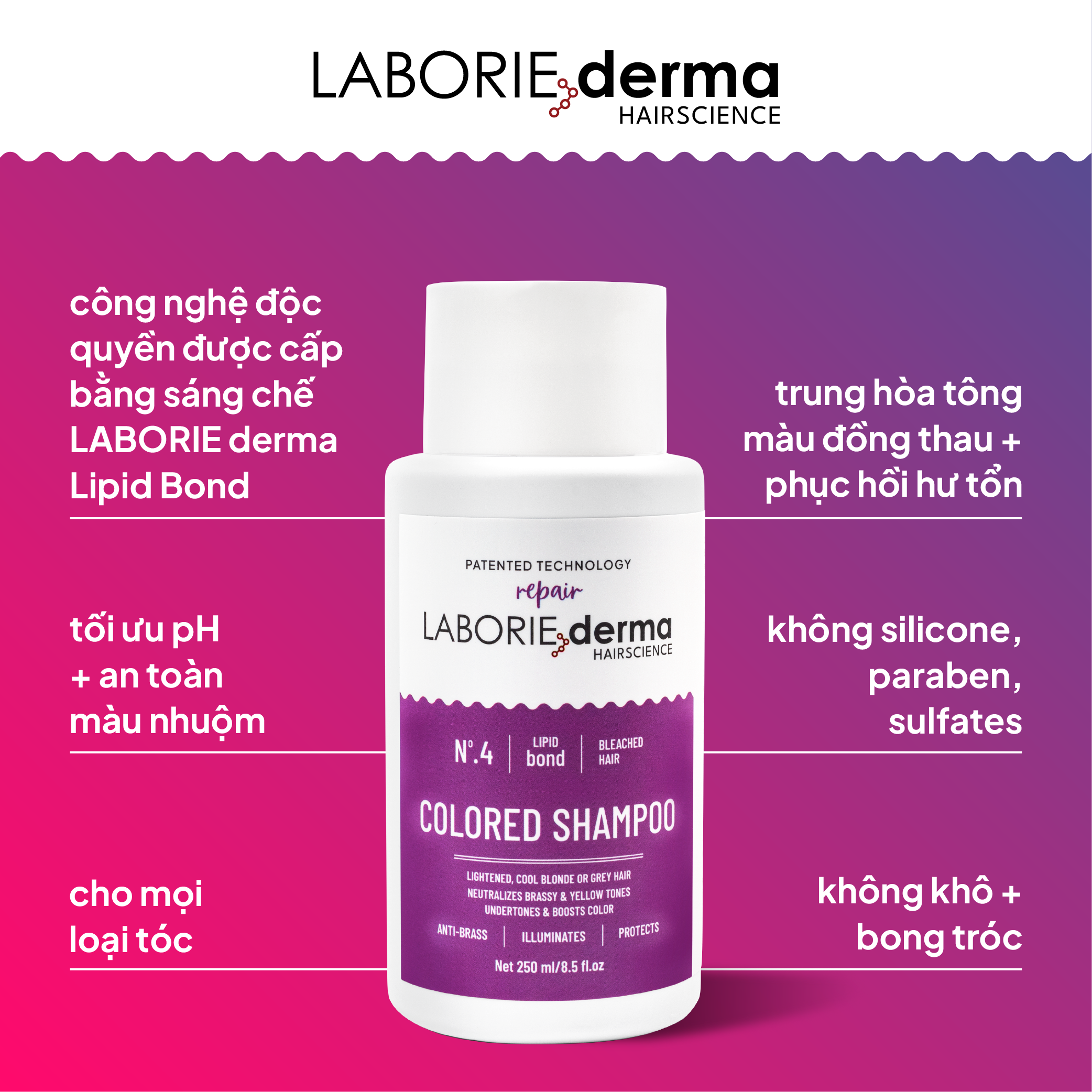 Dầu gội tím giúp làm sáng và đều màu tóc LABORIE derma Colored Shampoo - 250ml