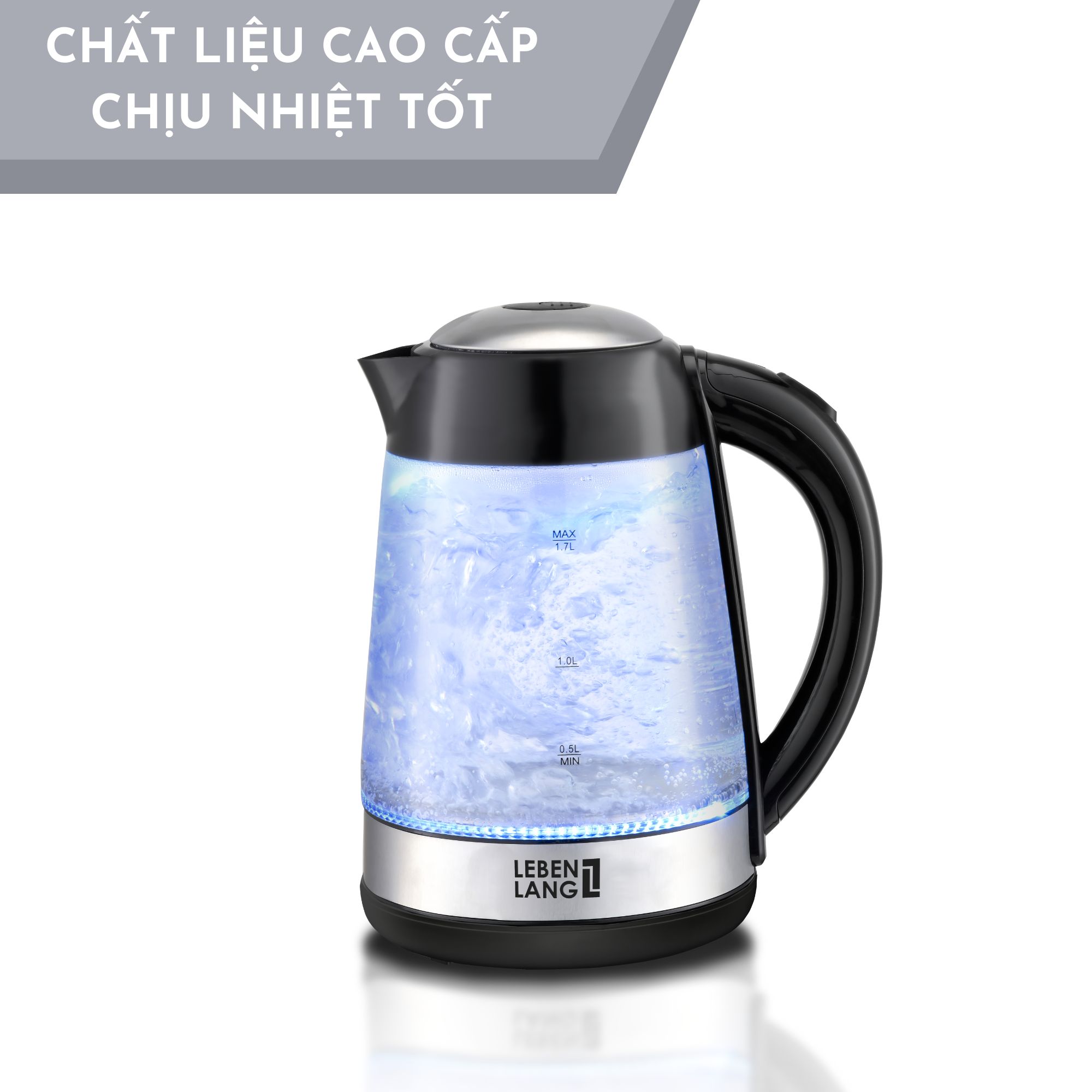 Ấm siêu tốc bình siêu tốc thủy tinh LEBENLANG LBWE9991, 1.7 lít, công suất 2200W - hàng chính hãng