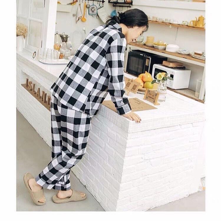 Bộ pyjama nữ vải thô cotton kẻ caro đen trắng trẻ trung (C90)