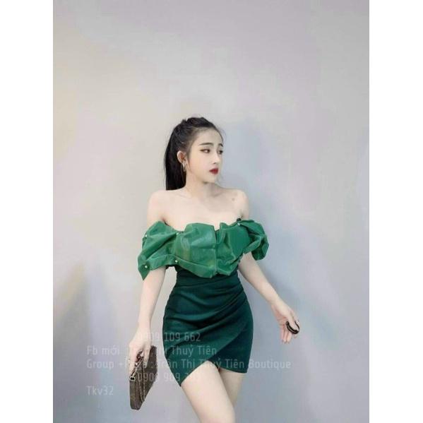 Đầm trễ vai nhún ngọc trai 2 màu