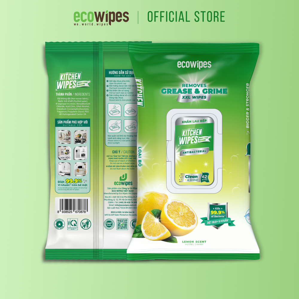 Khăn giấy ướt lau bếp Ecowipes khổ lớn 30x20 cm Kitchen Wipes gói 42 tờ loại bỏ dầu mỡ và vết bẩn nhanh chóng