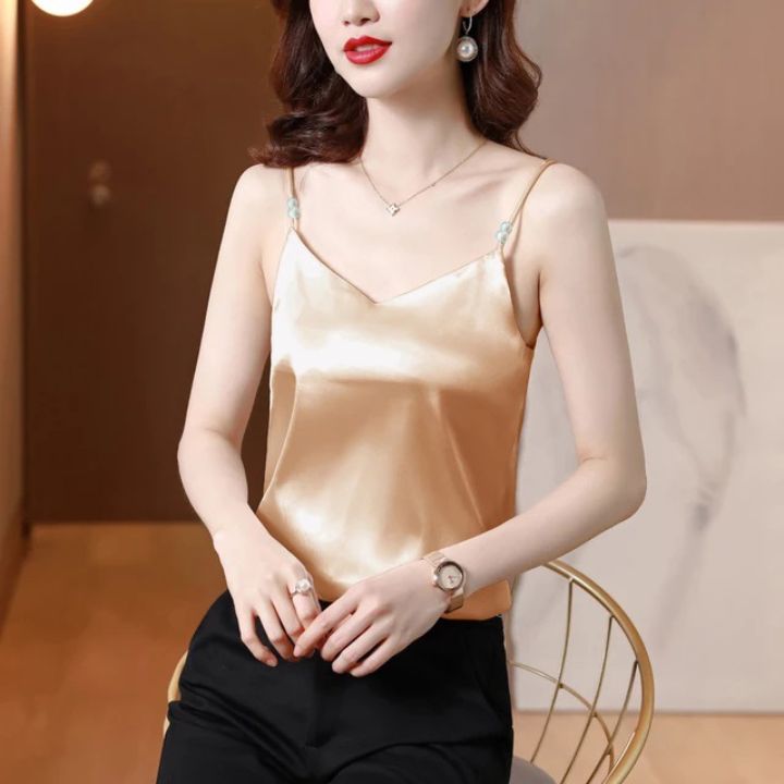 Áo 2 Dây Nữ New Design Đính Ngọc Trai Mẫu Mới, Lụa Satin Mịn Mát, Phong Cách Vintage Trẻ Trung, Áo Có Nhiều Màu Và Đủ Size AO0004