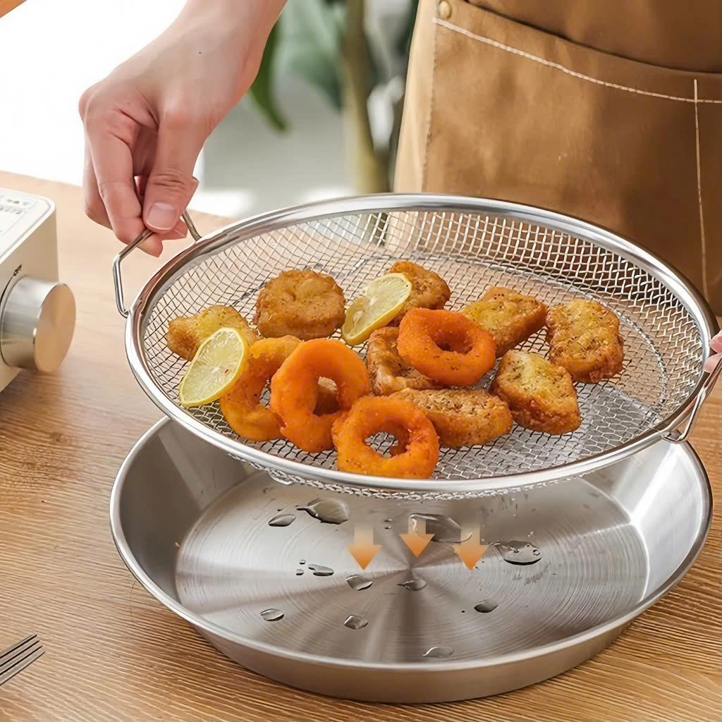 Set Khay Kèm Đĩa, Vỉ Lưới Lọc Dầu Chất Liệu INOX 304 Cao Cấp, Đựng Ráo Dầu Thức Ăn Chiên Rán Lọc Dầu 20cm - 25cm - HÀNG CHÍNH HÃNG MINIIN