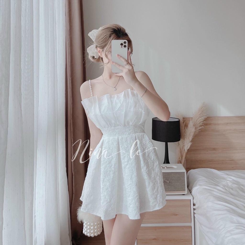 FREE SHIP Đầm váy nữ dây cườm 2 màu siêu xinh họa tiết hở lưng quyến dũ gấm xòe tôn dáng DS