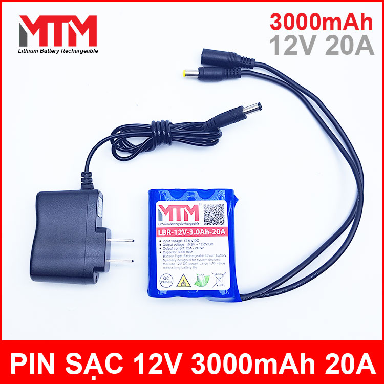 Pin sạc lithium 12V 3000mah 3S chịu tải 20A MTM kèm sạc chính hãng