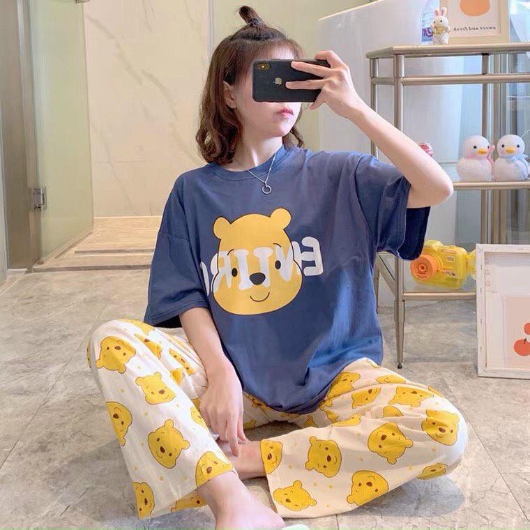 Set bộ đồ dành cho nữ, in hình gấu dễ thương, áo cộc tay quần dài chất thun cotton mềm mại mát mẻ