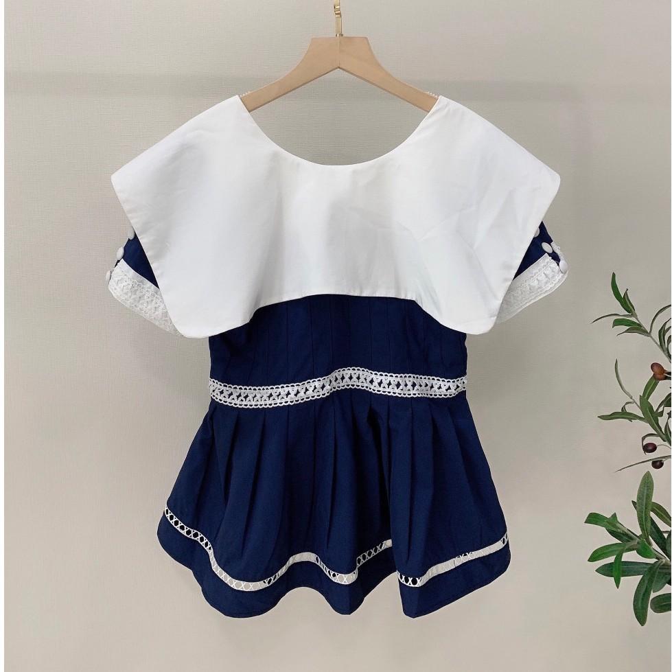 Áo peplum xanh phối trắng tiểu thư sang chảnh