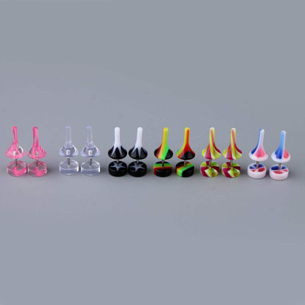 6 Pairs Acrylic Ear Earrings Flesh Tunnel Stainless Steel Fake Plugs 16g