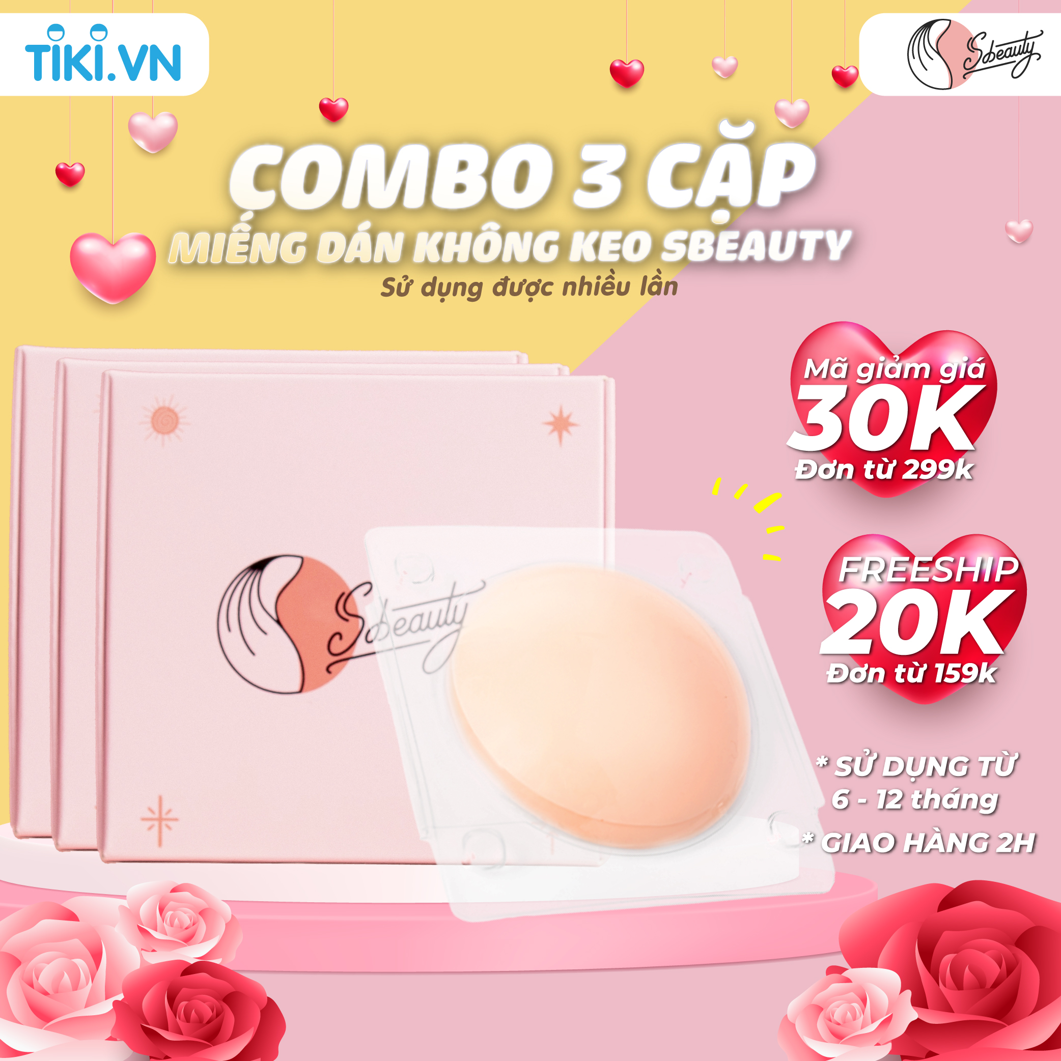 Combo 3 Cặp Miếng Dán Ngực Silicon Nhiệt Tự Thân SBeauty, Dán Ngực Từ Tính Không Keo Thoáng Mát Nhẹ Như Da Thật