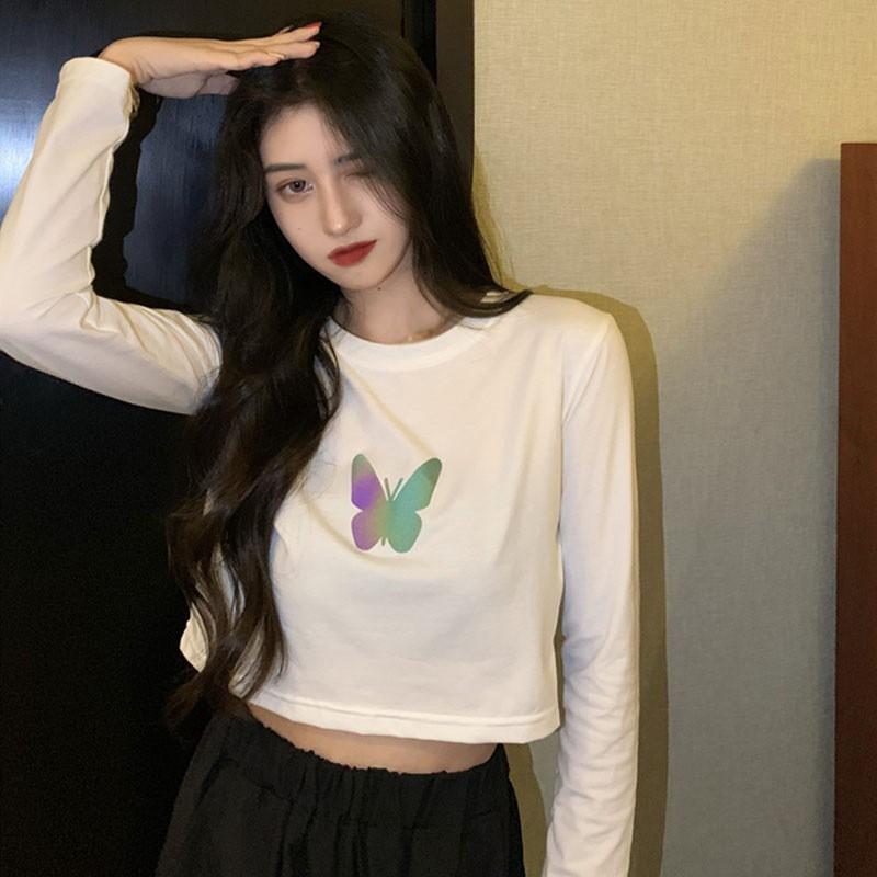 Áo Thun Tay Ngắn Họa Tiết Hình Bướm Phản Quang Dễ Thương Cho Nữ