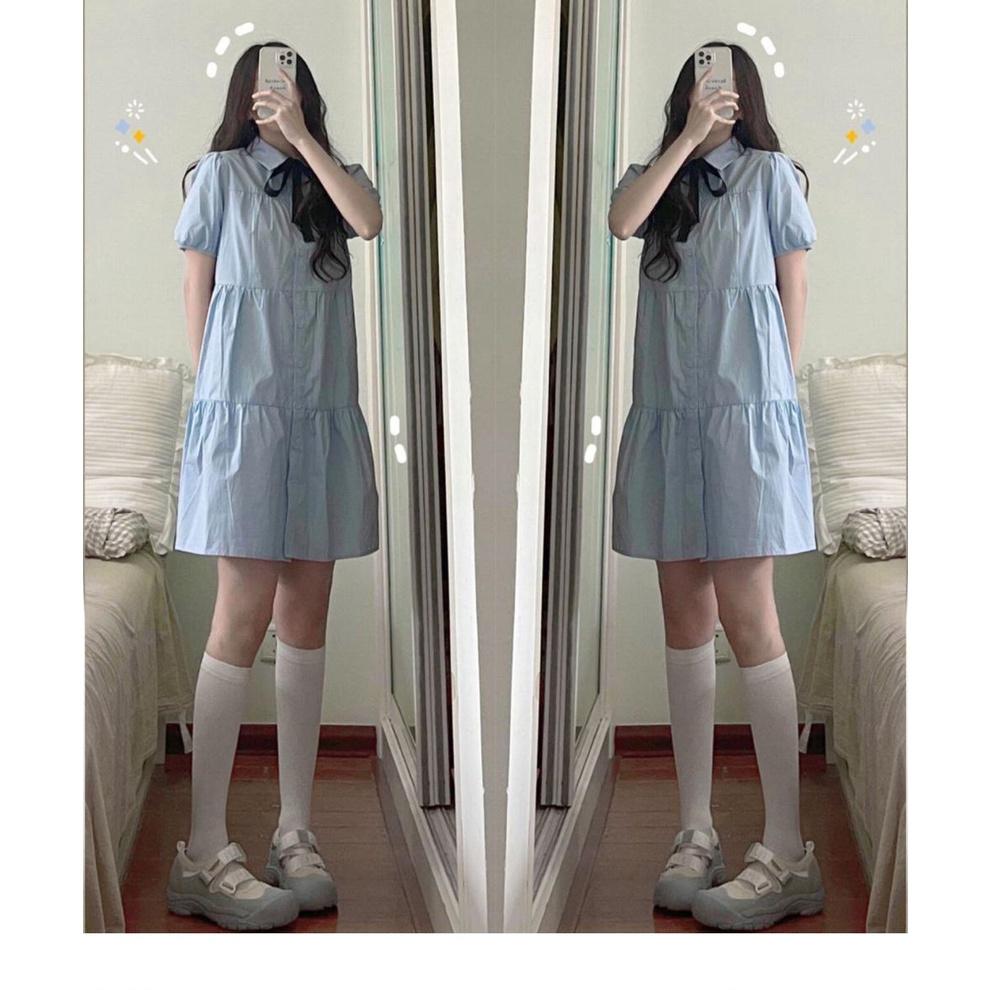 MS752 Váy đầm sơ mi dáng xoè 3 tầng nữ sinh đính nơ dễ thương