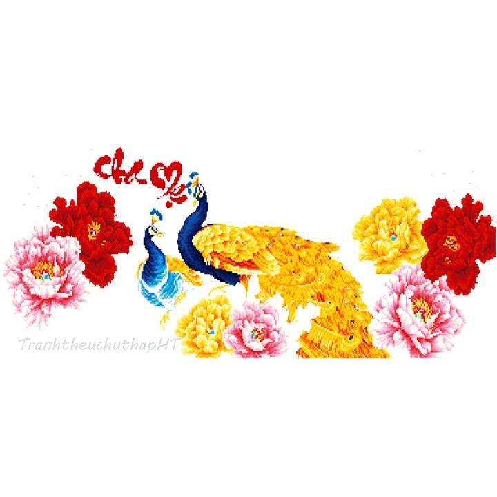 Tranh đá Cha mẹ 2 con công mẫu đơn - 100*50cm