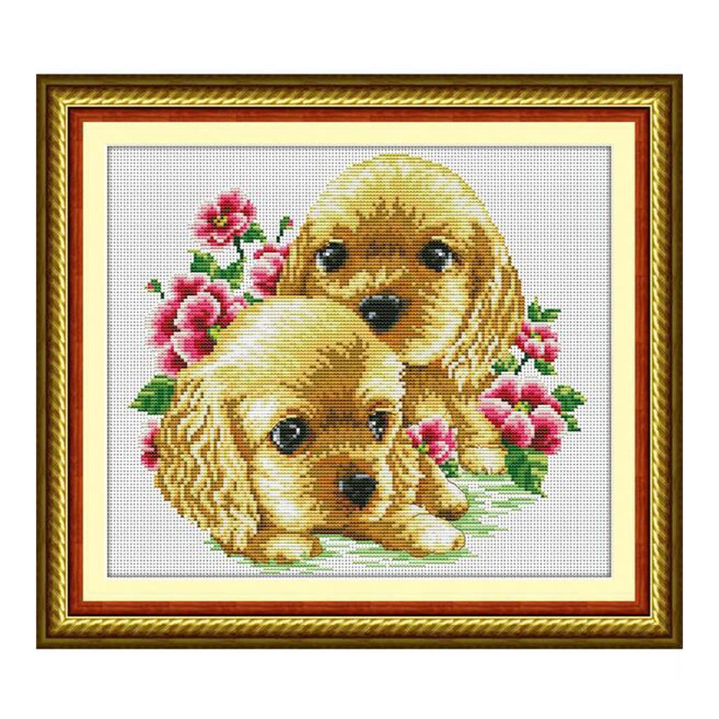 Handmade Ribbon Embroidery Lovely Dog Painting  Cross Stitch DIY