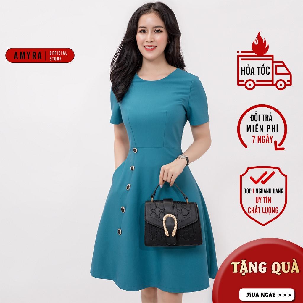 Đầm trung niên sang trọng cho mẹ bigsize AMYRA, thiết kế dáng xòe dài đẹp cao cấp dự tiệc đính nút công sở cho mẹ DA102