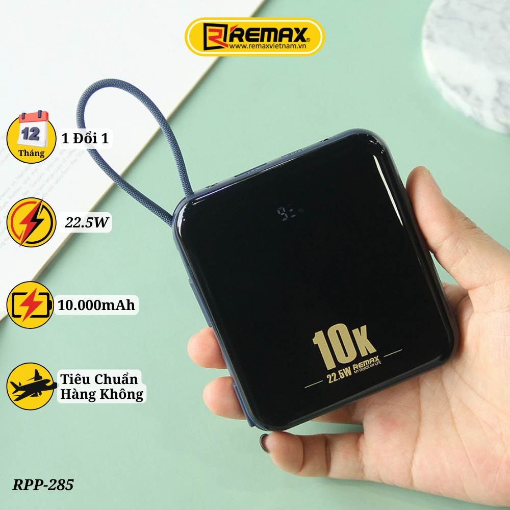 Sạc dự phòng 10000mah Remax RPP 285 sạc nhanh 22.5w và tích hợp 2 dây sạc - Hàng Chính Hãng