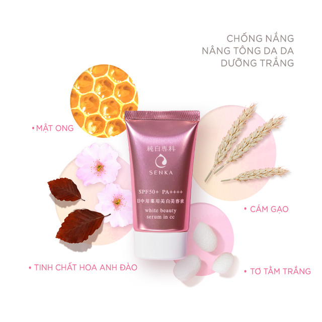 Serum chống nắng 3 trong 1 Senka White Beauty Serum in CC tặng mặt nạ giấy nén Miniso