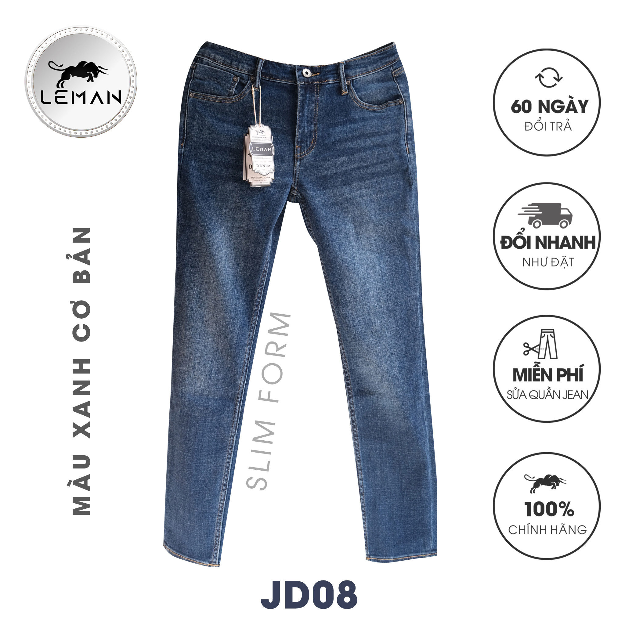 Quần Jean nam Leman xanh trơn JD08 - Slim Form