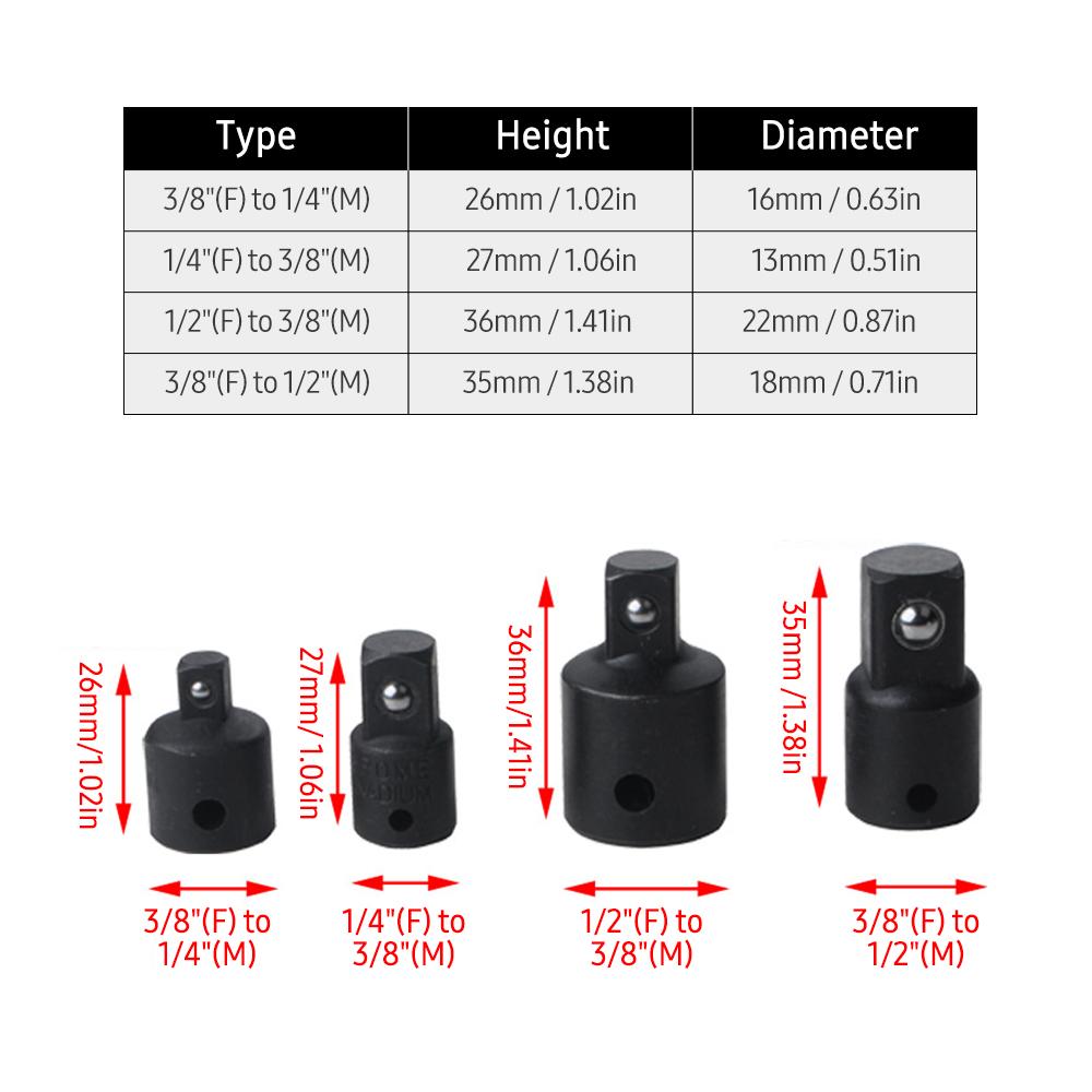 4 PCS Impact Socket Adapter Reducer 1/4-Inch 3/8-Inch 1/2-Inch Impact Driver Conversions Steel Power Nut Driver for Power Drill