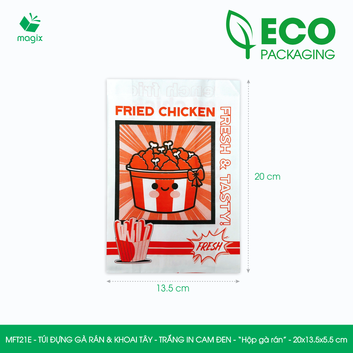 MFT21E - 20x13.5x5.5 cm - 100 Túi giấy MG đựng gà rán và khoai tây chiên, túi đựng thực phẩm
