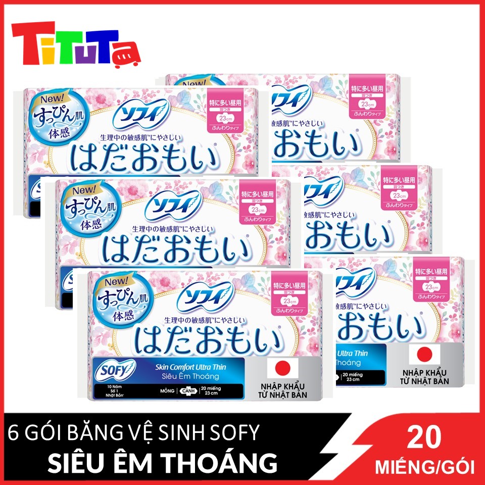 Combo 6 Băng Vệ Sinh Sofy Skin Comfort Ultra Thin 23cm Siêu Êm Thoáng Mỏng Cánh 20 Miếngx6