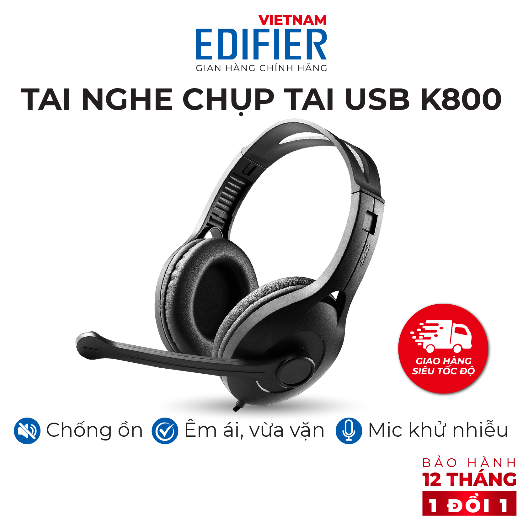 Tai nghe chụp tai có mic EDIFIER USB K800 Chống ồn Chân cắm USB- Hàng chính hãng