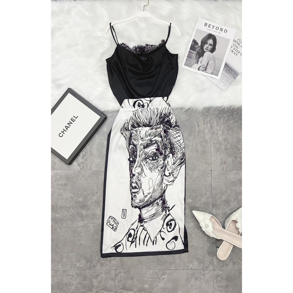 SET ÁO 2S LỤA PHỐI REN CHÂN VÁY IN HÌNH