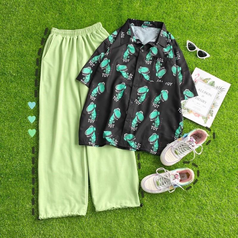 Áo sơ mi hoạ tiết khủng long tay lở dáng rộng unisex nam nữ, áo sơ mi đi biển, áo sơ mi nhóm, Áo sơ mi in hình