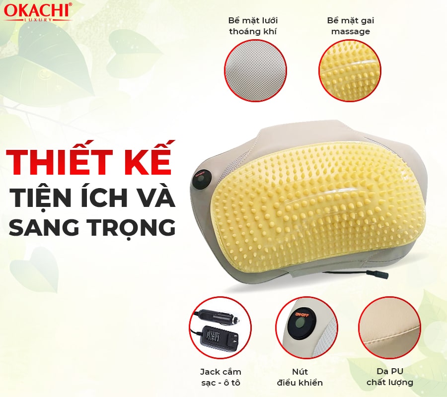 Gối massage hồng ngoại đau vai cổ lưng Shiatsu OKACHI JP-568E (Pin sạc)