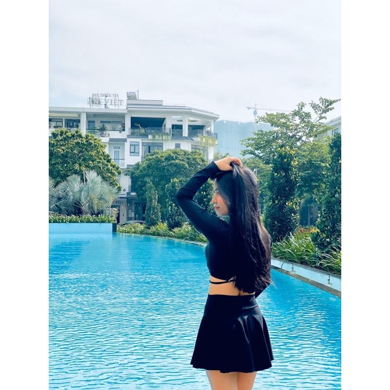 Bikini, Đồ Bơi Đi Biển Hai Mảnh Tay Dài Đen Chân Váy Xòe Dễ Thương ODERI HM-060