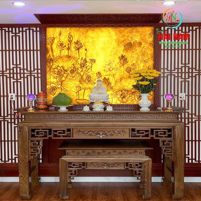 Tranh dán tường 3D phòng thờ - vải lụa kim tuyến