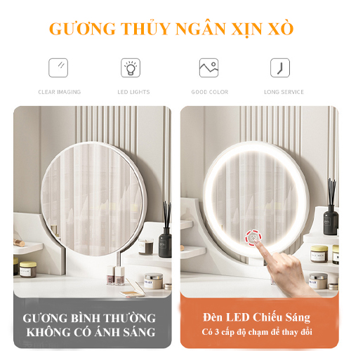 Bàn trang điểm mini gỗ đẹp giá rẻ có đèn Led kèm ghế, bàn phấn kiểu bắc âu dành cho chị em - A21