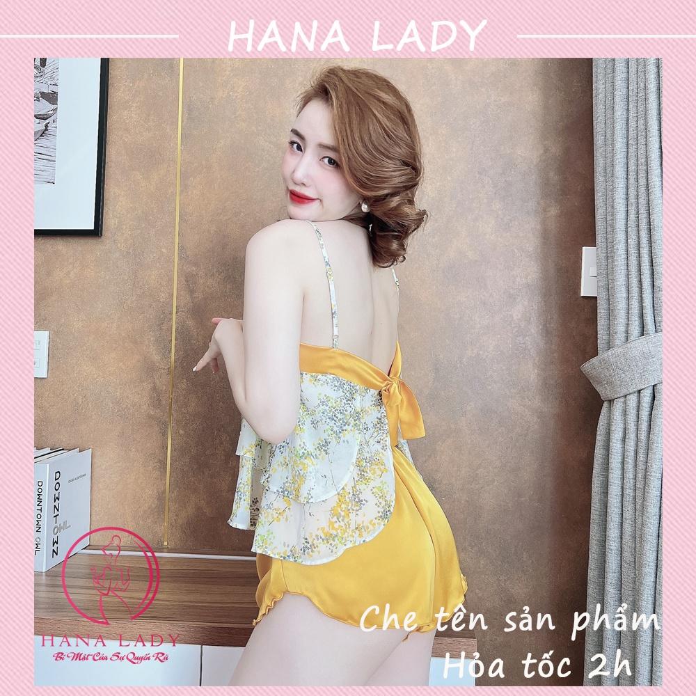 Bộ ngủ 2 dây hoa, đồ ngủ voan lụa họa tiết mặc nhà cao cấp VN500
