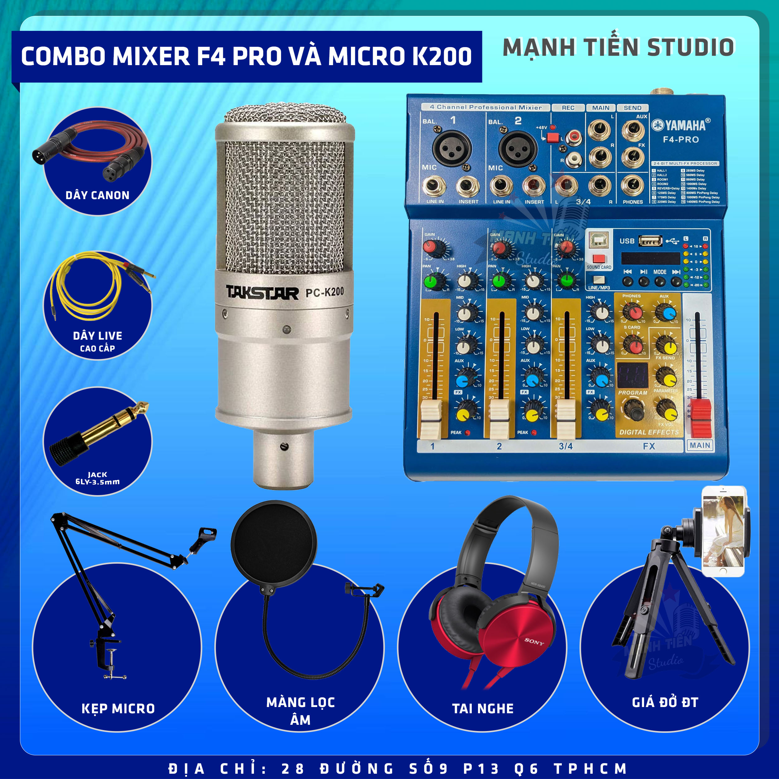 Combo thu âm, livestream Micro TakStar PC-K200, Mixer Yamaha F4 Pro - Kèm full phụ kiện kẹp micro, màng lọc, tai nghe, dây canon, dây livestream, giá đỡ ĐT - Hỗ trợ thu âm, karaoke online chuyên nghiệp - Hàng nhập khẩu