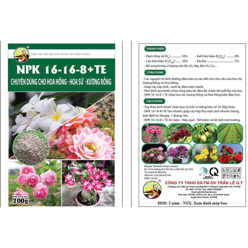 Phân bón NPK cho hoa hồng, sứ 16-16-8-TE giúp mập nhánh, ra nhiều chồi hoa, hoa to và lâu tàn -200gr Biomax Cuốc Vàng