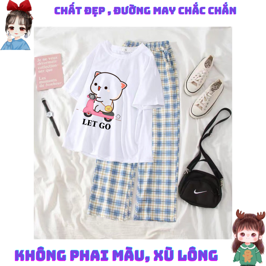 Sét Bộ Nữ SS12, Sét Đồ Nữ Đi Chơi Đẹp In Hình Mèo Đi Xe Dễ Thương, Sét Áo Vải Cotton, Và Quần Kẻ Màu Cá Tính