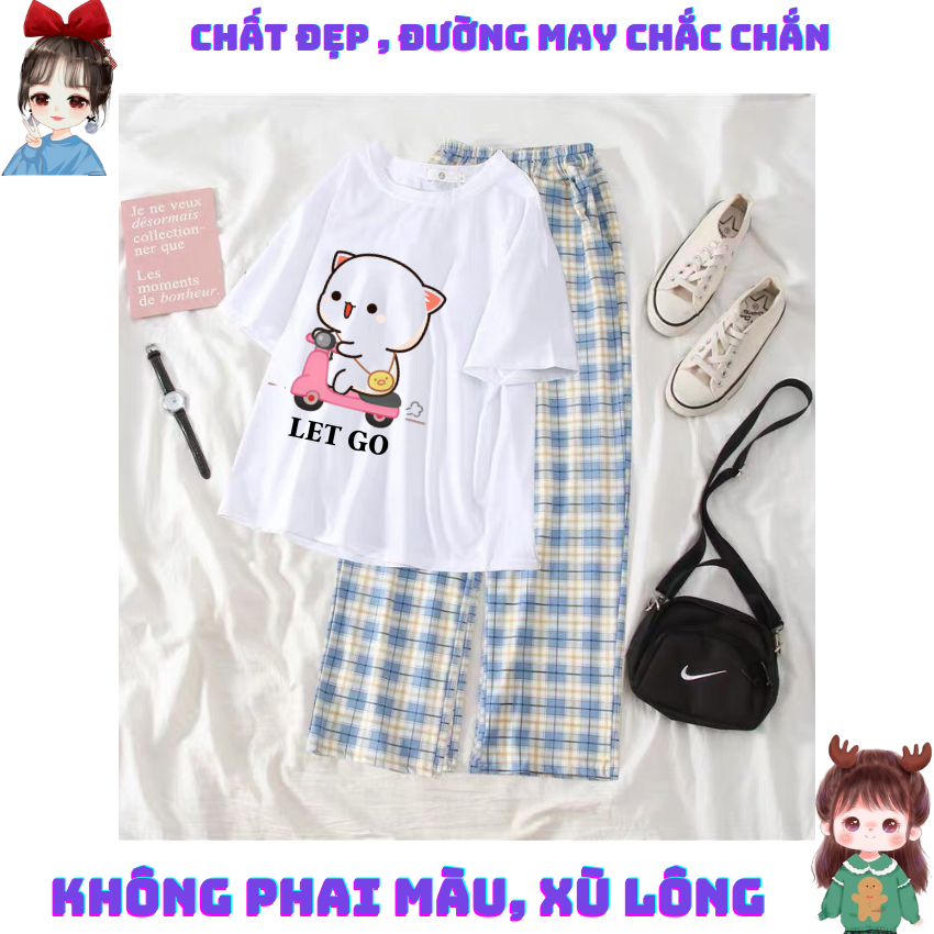 Sét Bộ Nữ SS12, Sét Đồ Nữ Đi Chơi Đẹp In Hình Mèo Đi Xe Dễ Thương, Sét Áo Vải Cotton, Và Quần Kẻ Màu Cá Tính - ÁO TRẮNG + Q.KẺ XANH