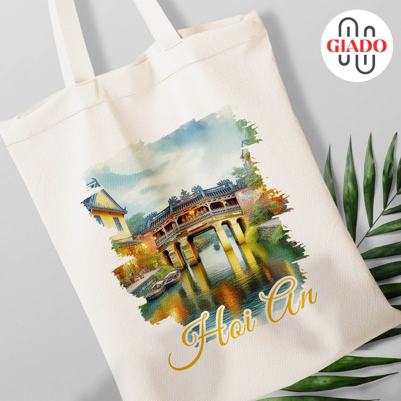 Túi canvas GIADO, túi vải bố, túi tote mẫu Hội An chùa Cầu chữ vàng