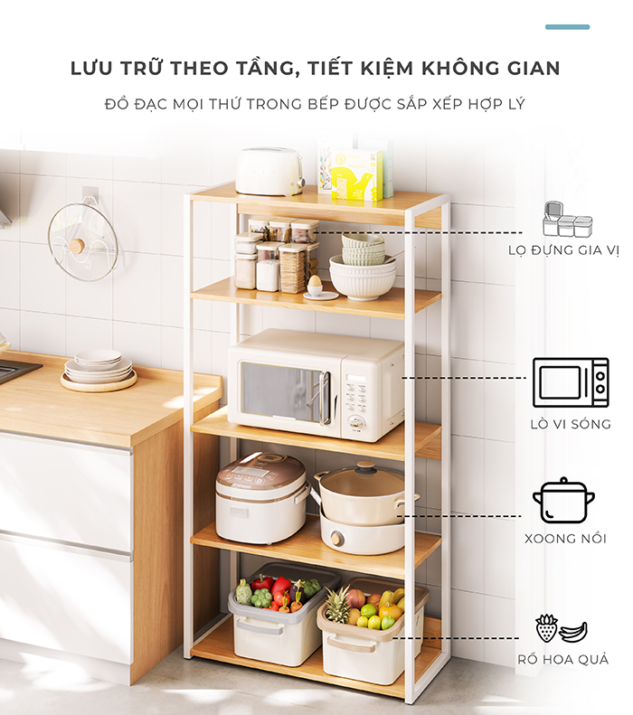 Kệ Đa Năng 5 Tầng Khung Sắt Mặt Gỗ Chắc Chắn Dễ Dàng Lắp Ráp Dùng Cho Nhà Bếp, Sắp Xếp Nhà Cửa, Decor