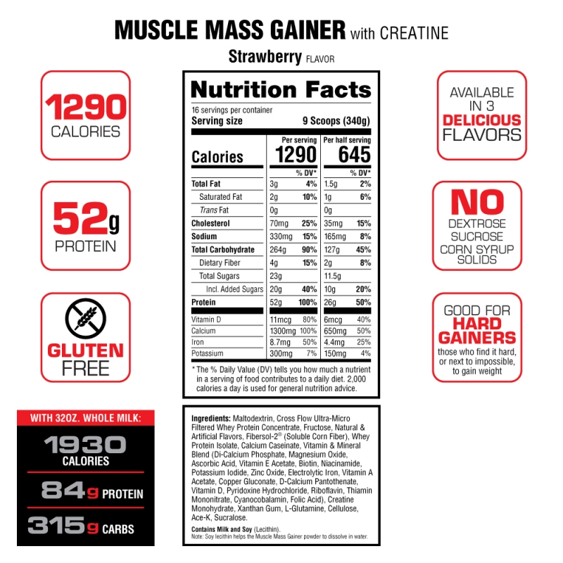 Labrada Muscle Mass Gainer (5.4Kg), Sữa Hỗ Trợ Tăng Cân &amp; Cơ Nạc, Bổ Sung 1265 Calo, 52g Protein, 17g BCAA &amp; 20 Loại Vitamin Khoáng Chất