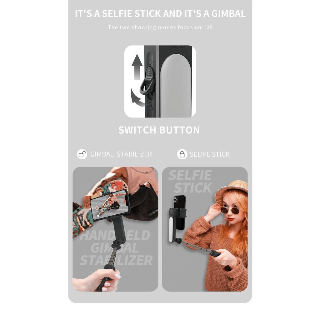 Tay Cầm Chống Rung Đa Năng Giá Rẻ, Gậy Selfie Stick L09 Bluetooth Tripod-Gimbal Stabilizer 3in1 Có Đèn Led bảo hành 12th