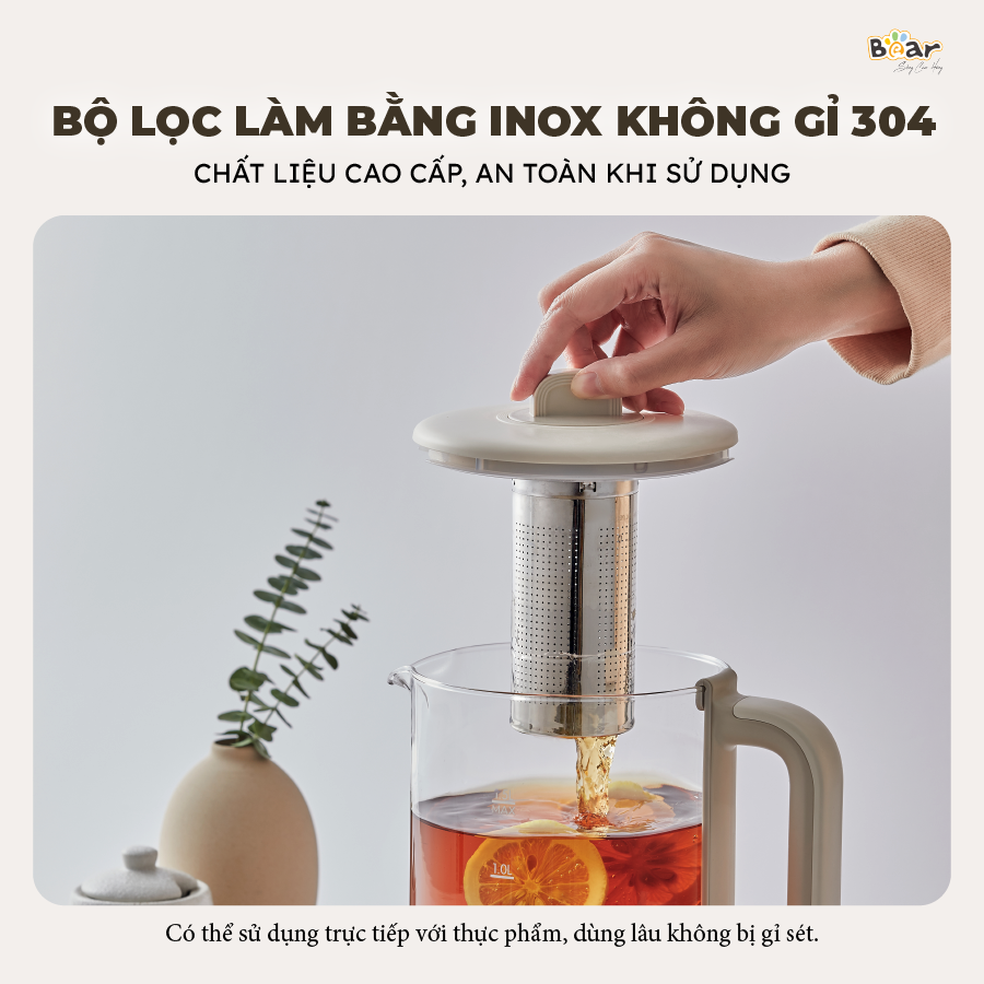 Bình Pha Trà BEAR 1,5L Ấm Thủy Tinh Đun Nước Giữ Nhiệt Hẹn Giờ Có Lưới Lọc Bảo Hành 18 Tháng - SB-PT15K 1000W