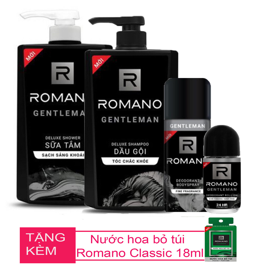 Bộ Romano Gentleman: Dầu gội 650g, sữa tắm 650g, xịt khử mùi 150ml,lăn khử mùi 50ml +Tặng kèm nước hoa bỏ túi 18ml