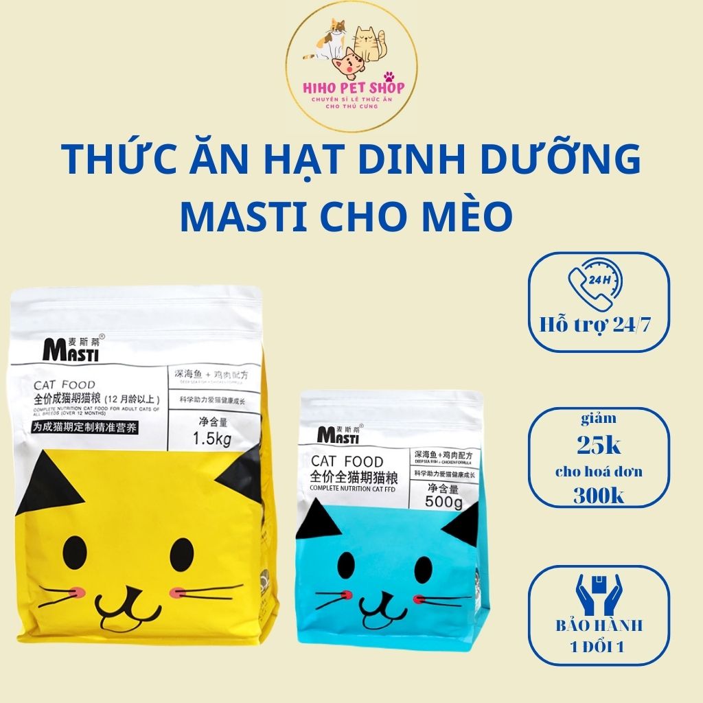 Thức ăn Hạt MASTI chứa tới 28% Đạm động vật dành cho mèo - gói 500g/1,5kg