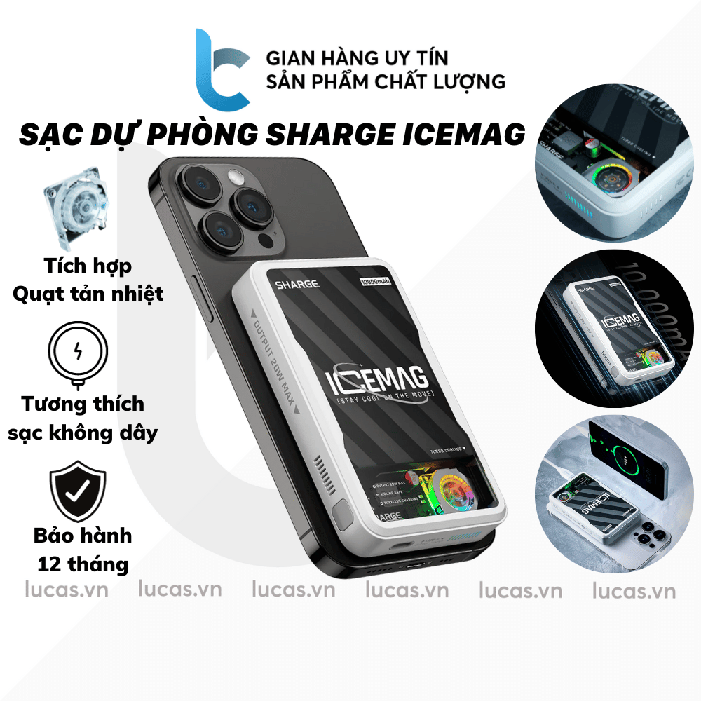 Sạc Dự Phòng Sharge ICEMAG 10.000mAh Hỗ Trợ Sạc Không Dây, Trong Suốt Quạt Làm Mát Chuyển Màu RGB, Sạc Nhanh Tối Đa 20W - Hàng Chính Hãng