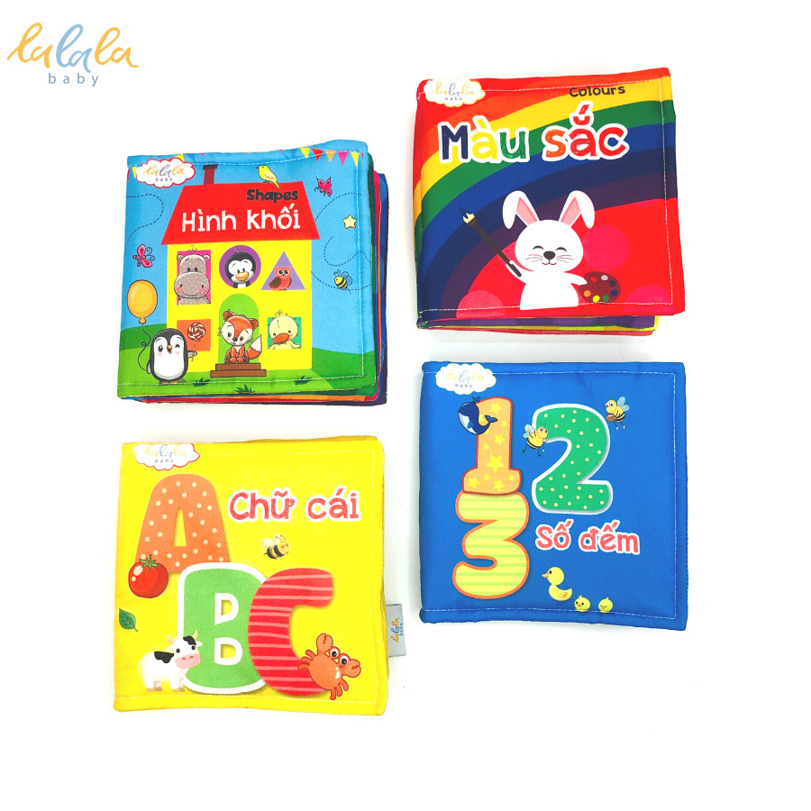 Combo 4 cuốn sách vải Lalala baby (chủ đề Số đếm, Chữ cái, Hình khối, Màu sắc), cung cấp kiến thức cơ bản đầu đời cho bé, Sách tương tác sột soạt, Màu sắc rõ nét, Dành cho bé từ 0-3 tuổi, CHÍNH HÃNG made in Vietnam