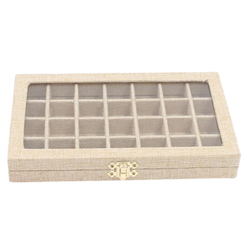 Sackcloth Linen Clear Lid Jewelry Tray Showcase Display Storage Box