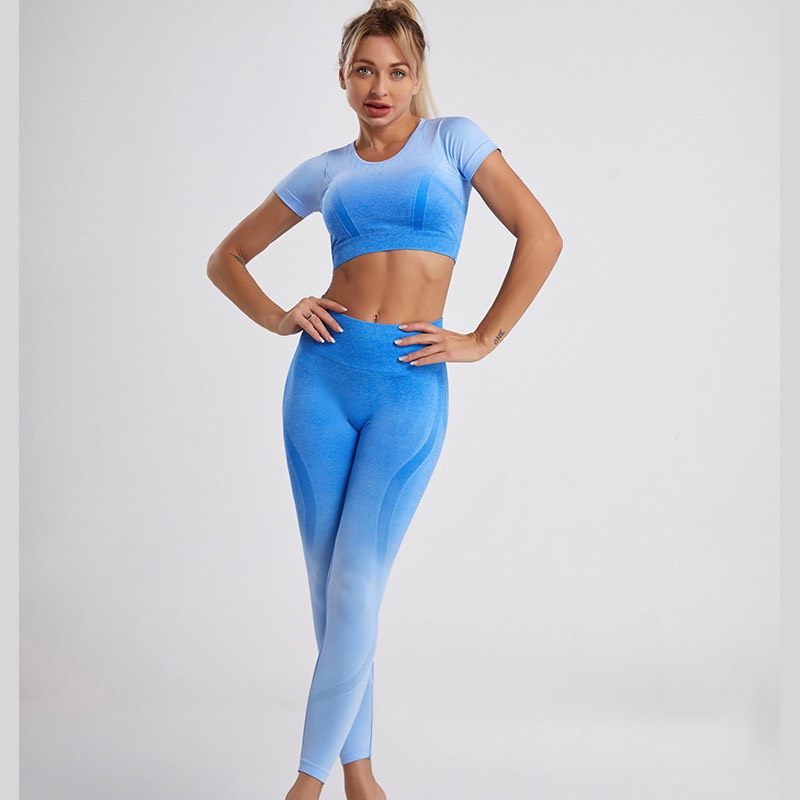 Bộ đồ tập gym nữ croptop tay ngắn, bộ tập yoga aerobic dệt kim co giãn quần dài áo thun croptop tay ngắn